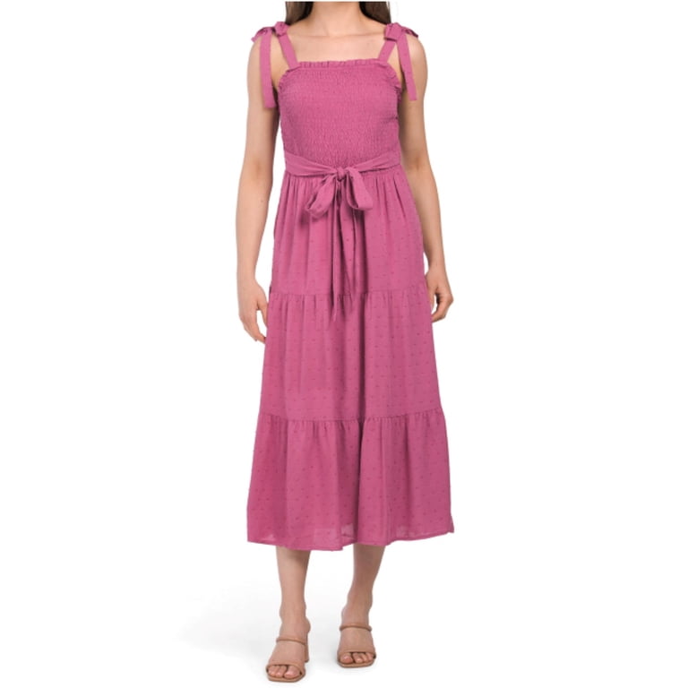 Lucky Brand Women's Swiss Dot Smocked Top Tired Midi Dress-Red / S Lucky Brand Women's Swiss Dot Smocked Top Tired Midi Dress-Red / S