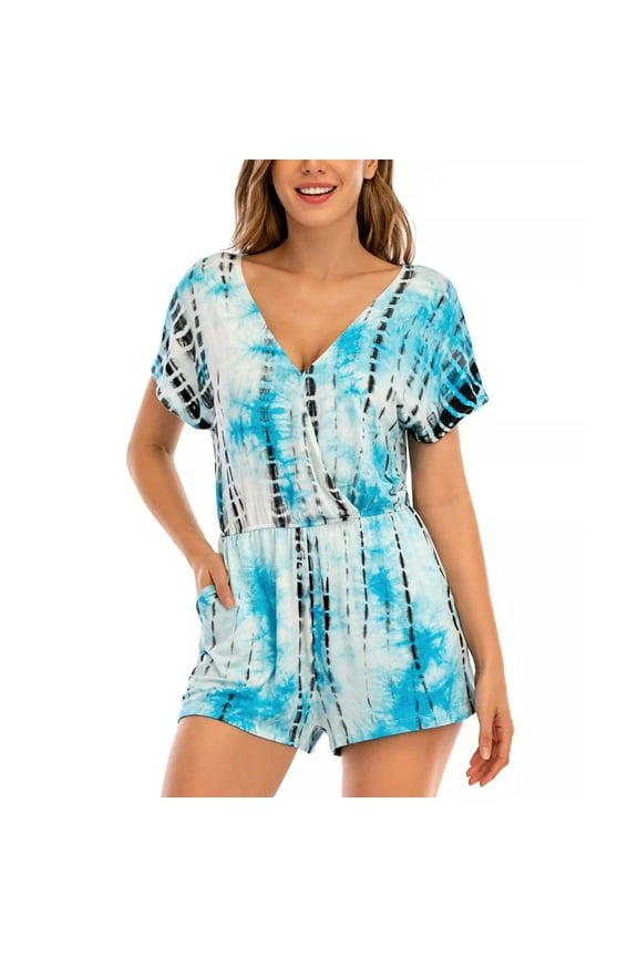 Women's Tie Dye Wrap Front Side Pockets Romper Swim Cover-up-Blue / Regular / S