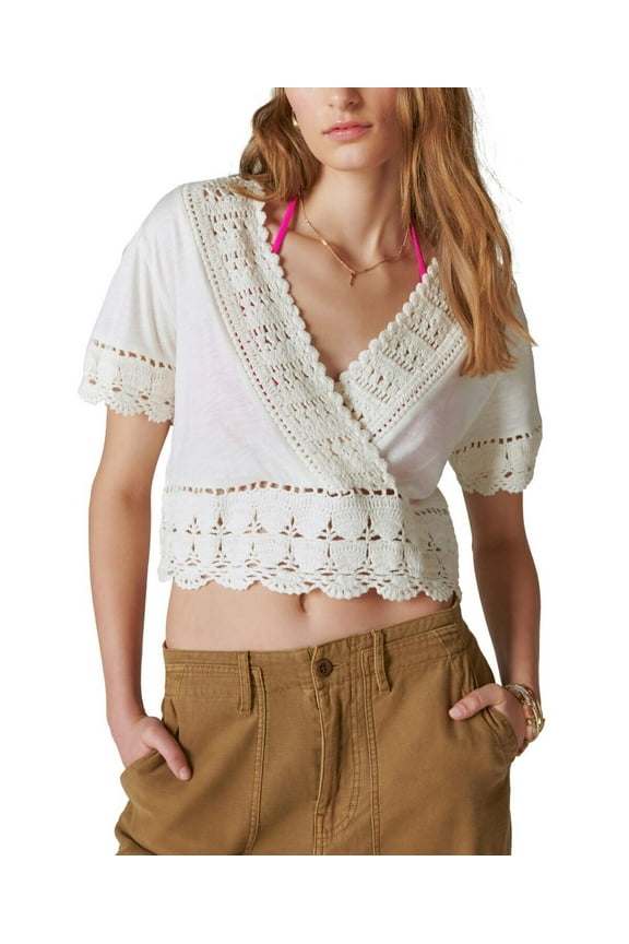 Women's V-Neck Crocheted Crop Top White Ivory Size M MSRP $99