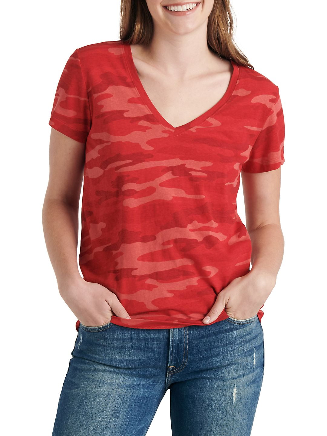 Lucky Brand Women's V Neck Printed Cotton T-Shirt Red Size Small
