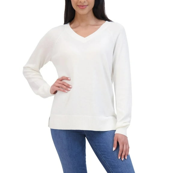 Lucky Brand Women's V-Neck Soft Cotton Blend Knit Sweater (Cream, XL)