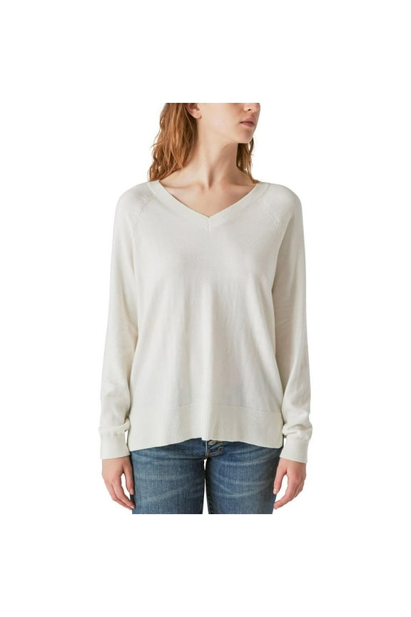 Ladies' V-Neck Sweater, Cream Marshmallow Medium