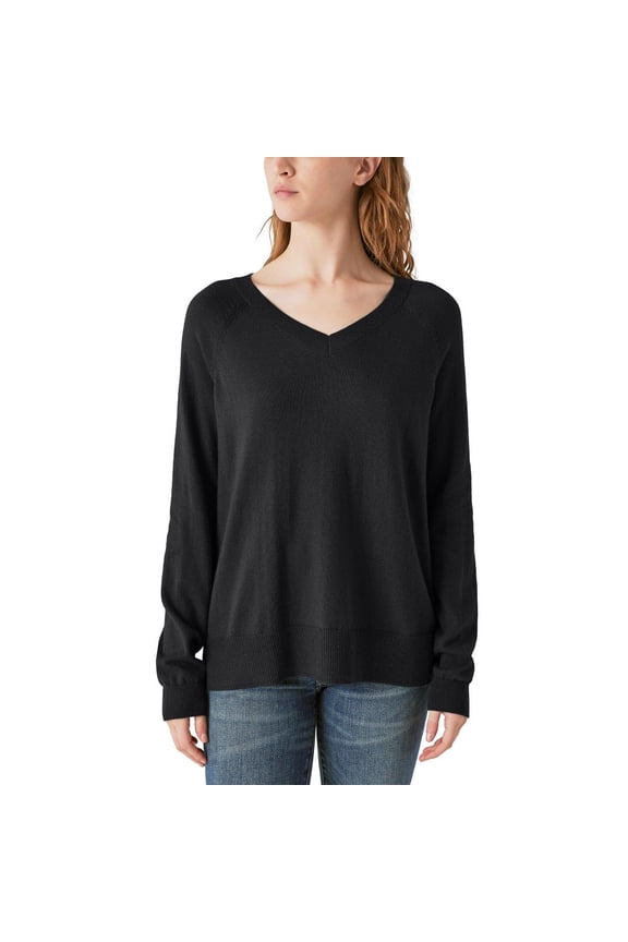 Women's V-Neck Sweater, Long Sleeves, Side Slits, Cotton Blend, Cream/Green/Red/Black (Black,XX-Large)