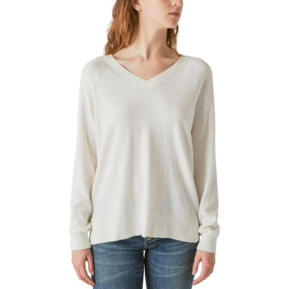 Lucky Brand Women's V-Neck Sweater, Long Sleeves, Side Slits, Cotton Blend, Cream/Green/Red/Black (Cream,Small)