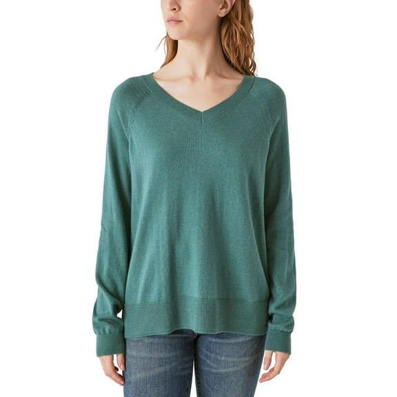 Lucky Brand Women's V-Neck Sweater, Long Sleeves, Side Slits, Cotton Blend, Cream/Green/Red/Black (Green,Medium)