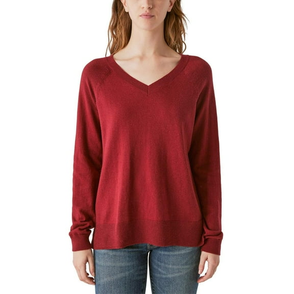Lucky Brand Women's V-Neck Sweater, Long Sleeves, Side Slits, Cotton Blend, Cream/Green/Red/Black (Red,Large)