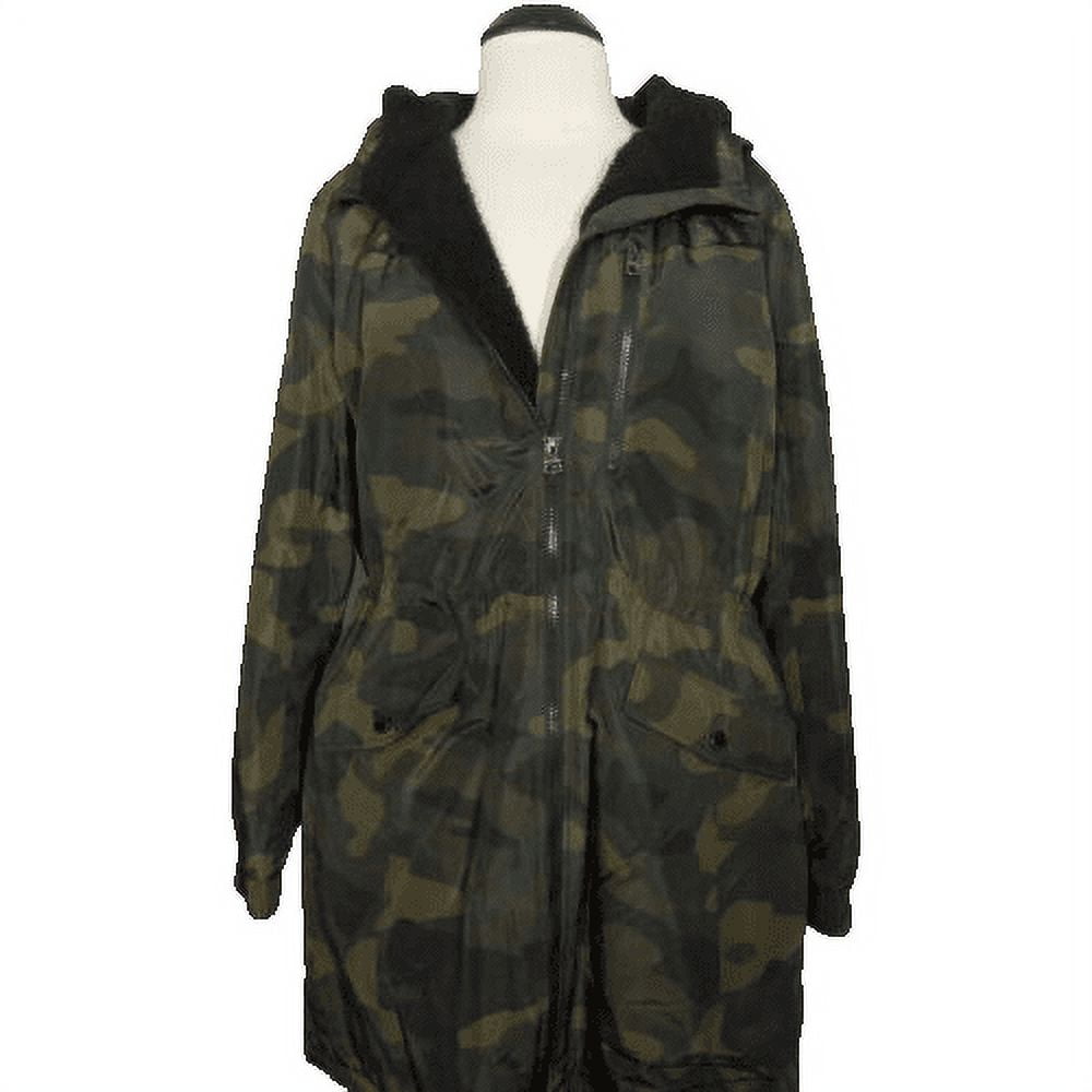 Lucky Brand Women's Water Resistant Hooded Faux Shearling Lined Anorak  Jacket (Large, Camo) 