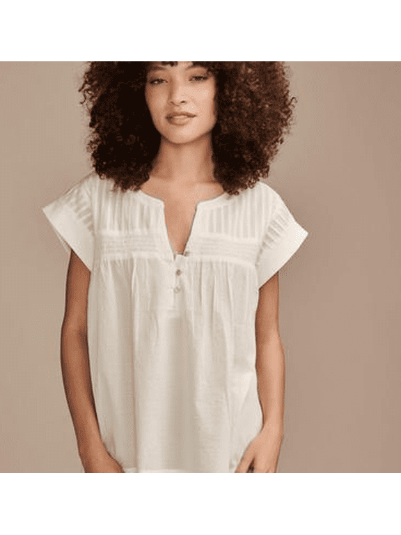 Women's White Modern Cotton Popover V-Neck Top, XL