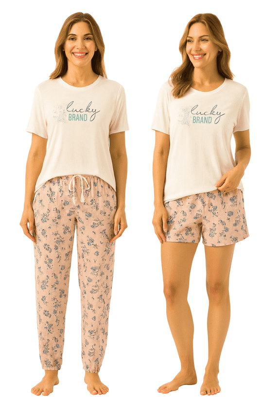 Womens 3-Piece Pajama Set T-Shirt, Pant and Shorts with Drawstring (Pink Floral, Large)
