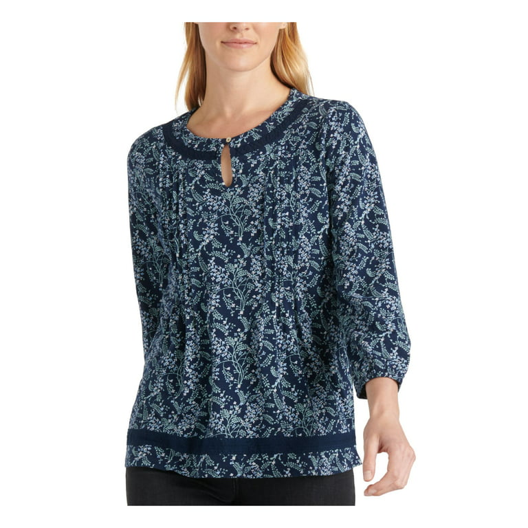Lucky Brand Womens Cotton Floral Peasant Top Navy S 