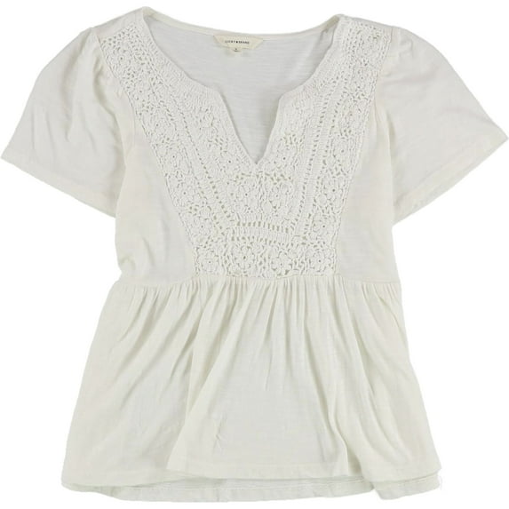 Lucky Brand Womens Crochet Accented Top Baby Doll Blouse, Off-White, Small