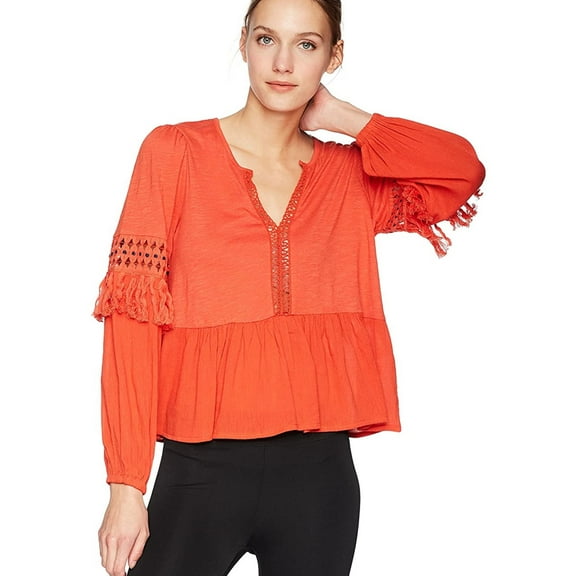 Lucky Brand Womens Cutout Illusion Peasant Blouse, Orange, X-Small