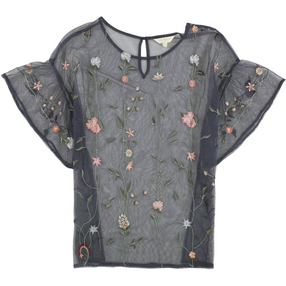 Lucky Brand Womens Embroidered Mesh Pullover Blouse, Blue, Large