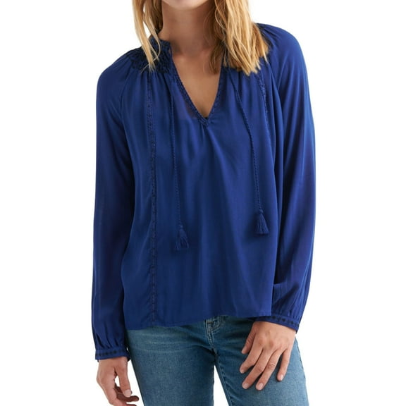 Lucky Brand Womens Embroidered Peasant Blouse, Blue, X-Small
