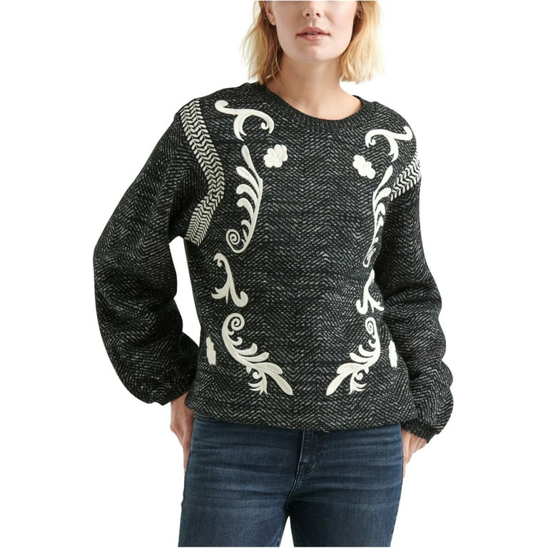 Lucky Brand Womens Embroidered Pullover Sweater, Black, X-Large