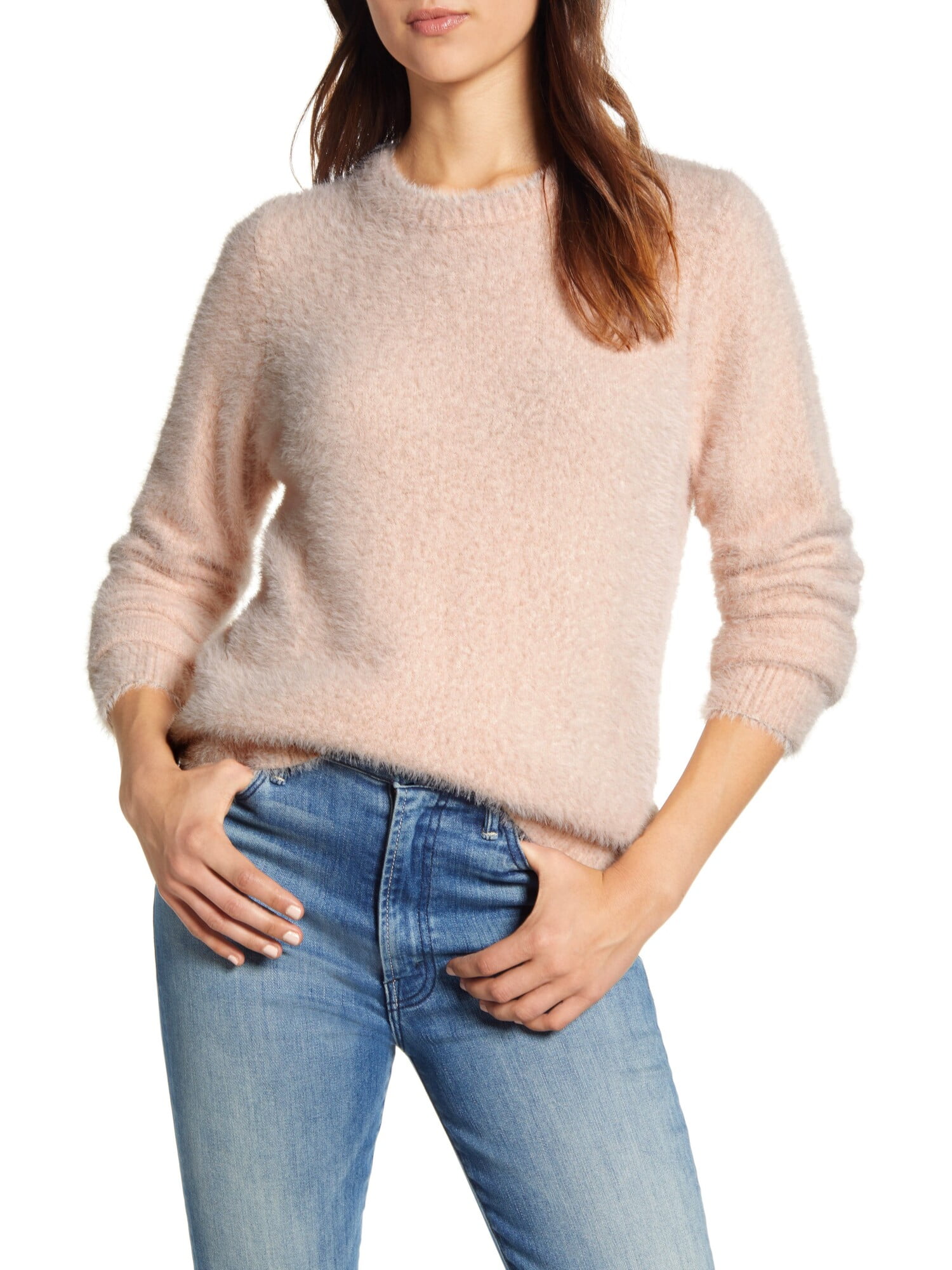 Lucky Brand Womens Eyelash Ribbed Trim Crewneck Sweater Pink P/S 
