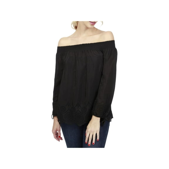 Lucky Brand Womens Eyelet Smocked Casual Top