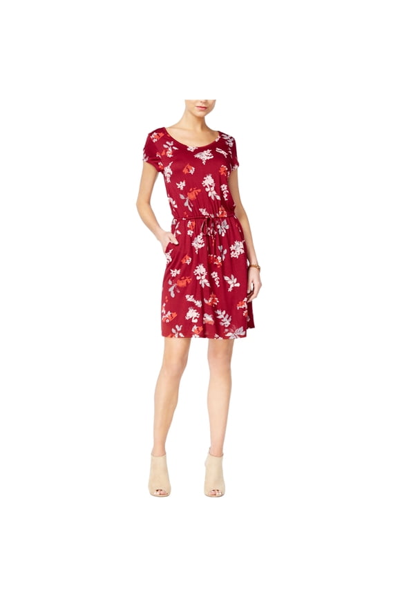 Womens Floral Drawstring Shift Dress, Red, X-Small
