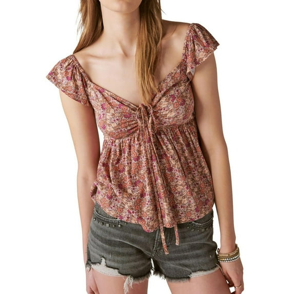Lucky Brand Womens Floral Print Baby Doll Blouse, Brown, LARGE