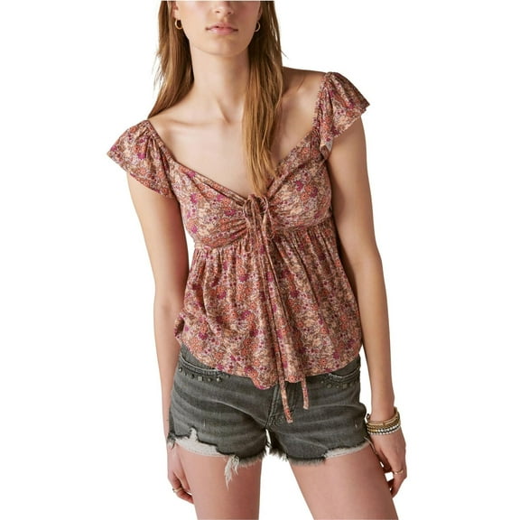 Lucky Brand Womens Floral Print Baby Doll Blouse, Brown, XX-Large