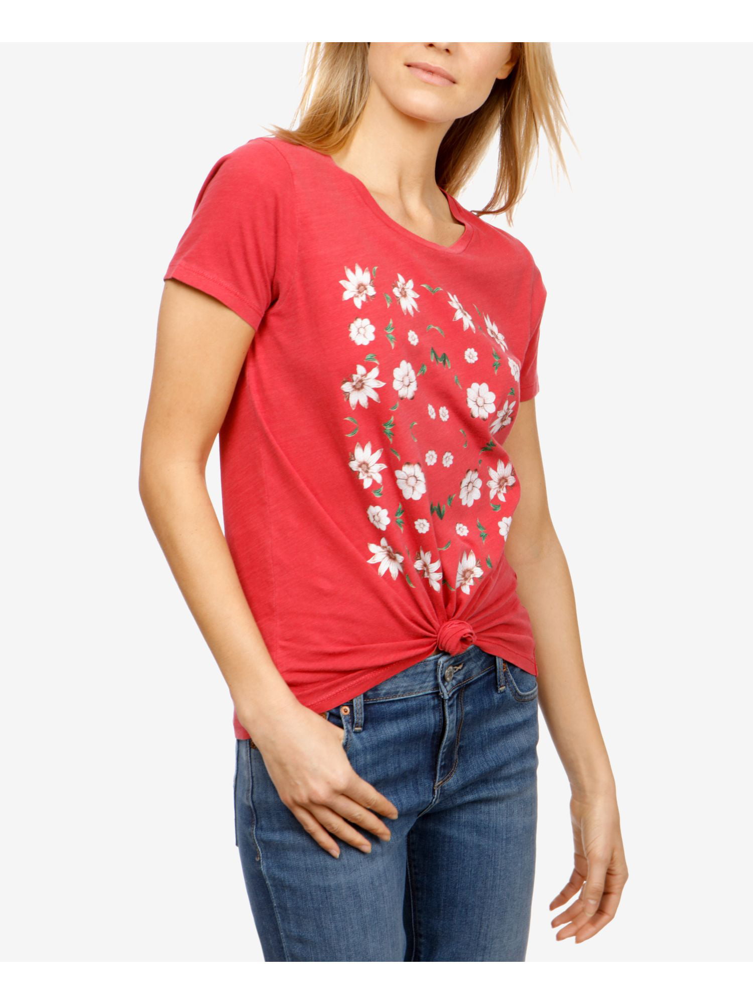 Lucky Brand Womens Floral Print Short Sleeves Graphic T-Shirt Red