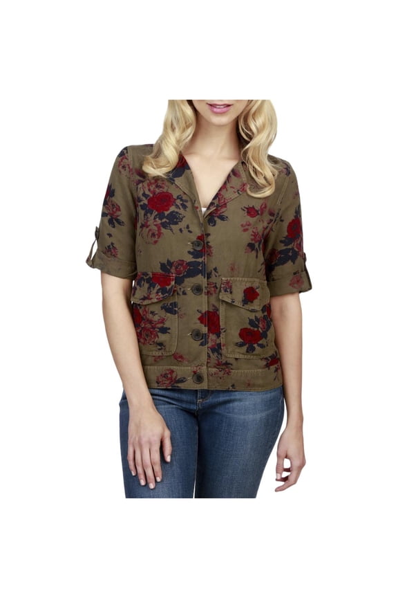 Womens Floral Print Woven Military Jacket Green S