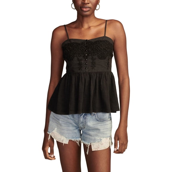 Lucky Brand Womens Henley Peplum Blouse, Black, Large