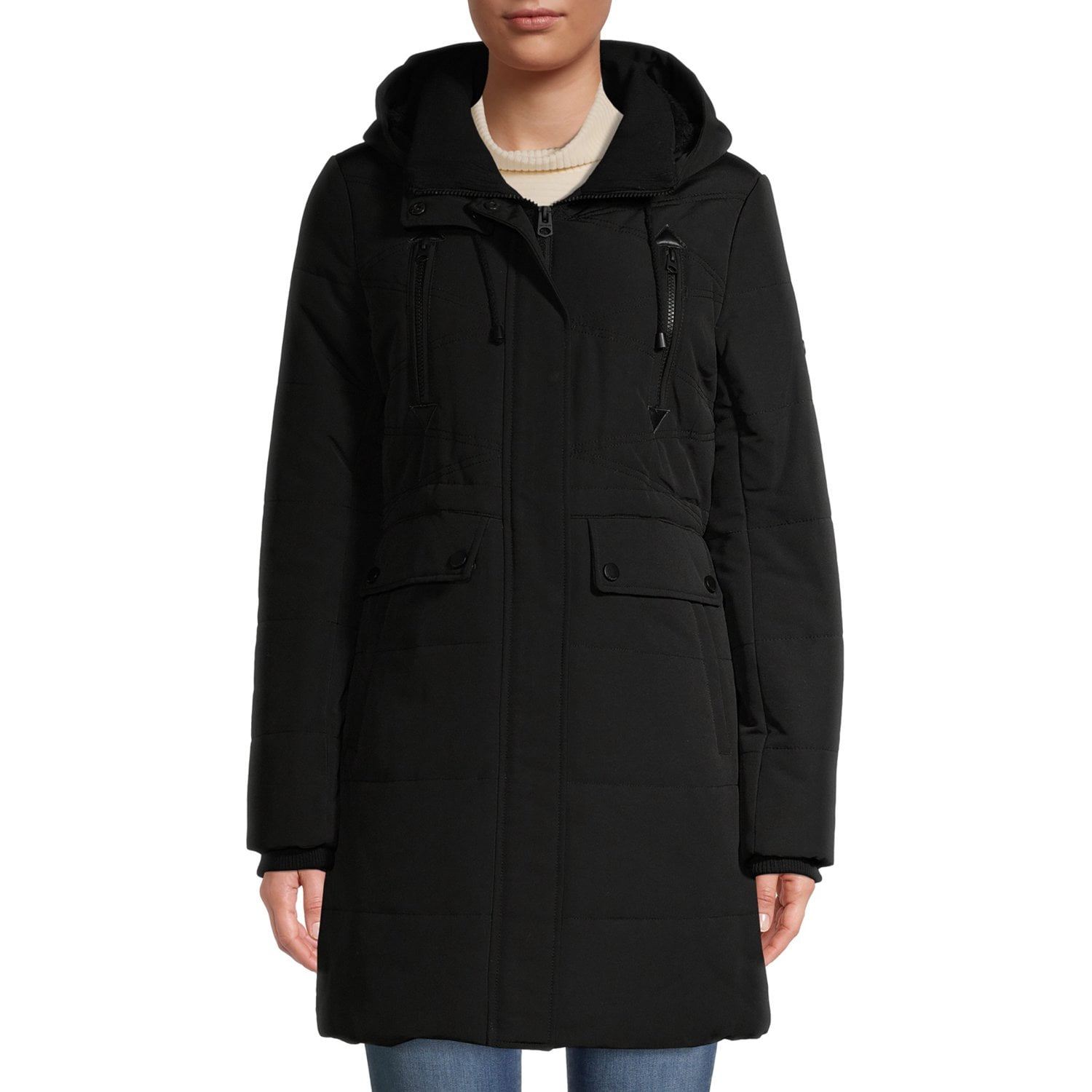 Lucky Brand Womens Hooded Raincoat,Black,L