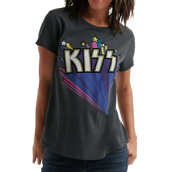 Lucky Brand Womens KISS Flocked Graphic T-Shirt, Grey, X-Small