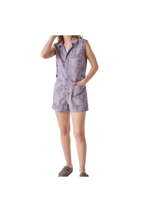 Womens Laura Ashley Printed Coverall Shorts Jumpsuit, Purple, Large
