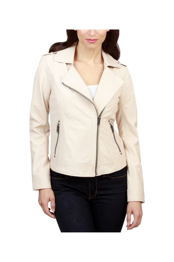 Womens Leather Motorcycle Jacket, Beige, Large