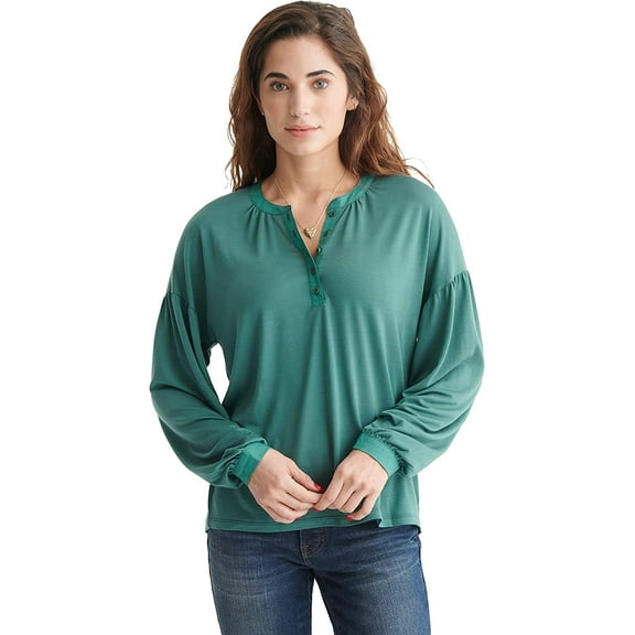 Lucky Brand Womens Long Sleeve Boho Henley Top X-Small Blue Spruce