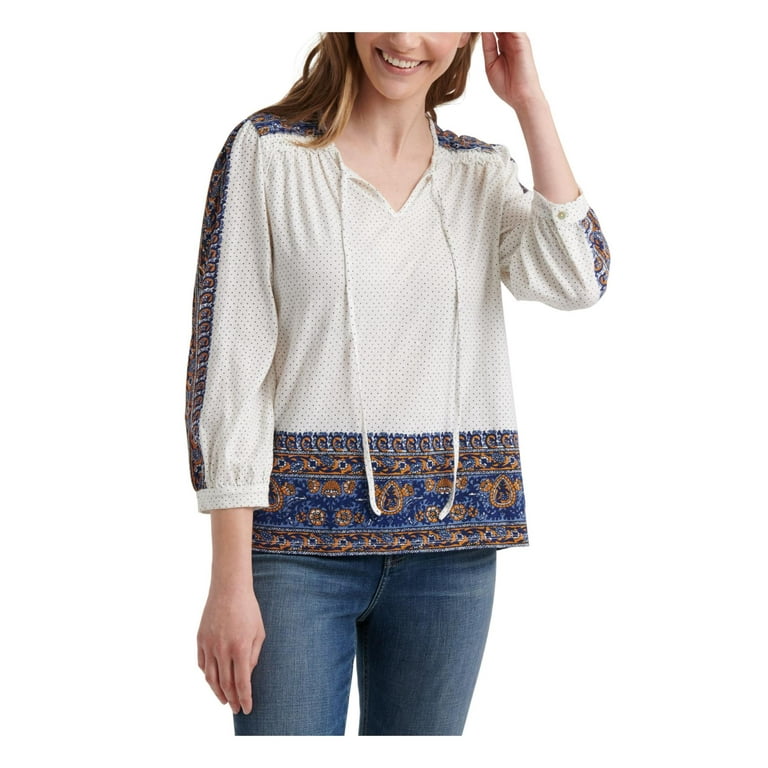 Lucky Brand Womens Placed Boho Printed Peasant Top White XL