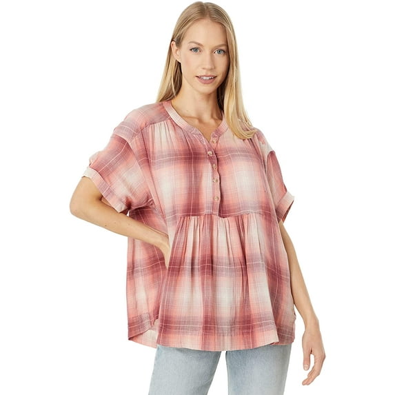 Lucky Brand Womens Plaid V Neck Popover XX-Large Pink Plaid