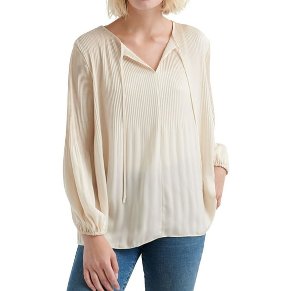 Lucky Brand Womens Pleated Peasant Blouse, Beige, X-Small