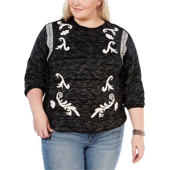 Lucky Brand Womens Embroidered Pullover Sweater, Black, Plus Size, 1X