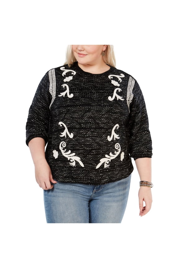 Womens Embroidered Pullover Sweater, Black, Plus Size, 1X