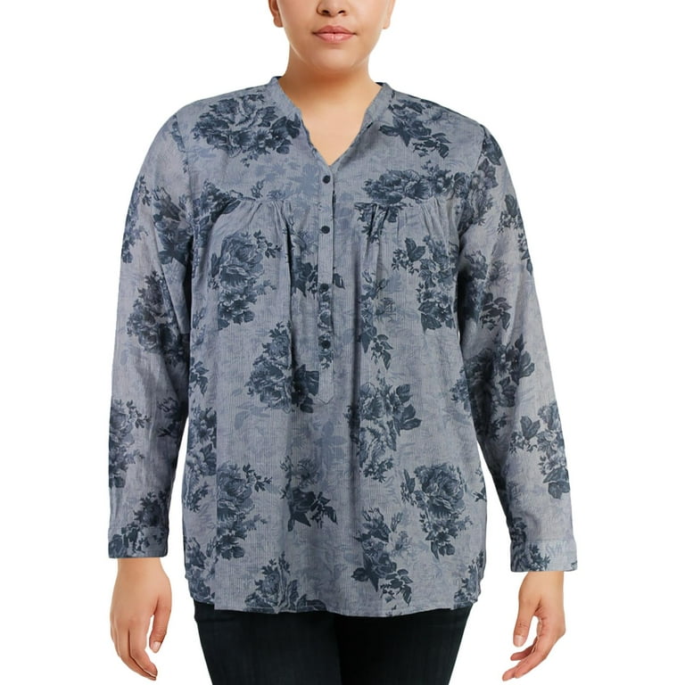 Lucky Brand Womens Plus Printed Chambray Peasant Top Blue 1X Walmart