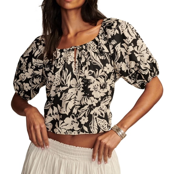 Lucky Brand Womens Poplin Knit Blouse, Black, Medium