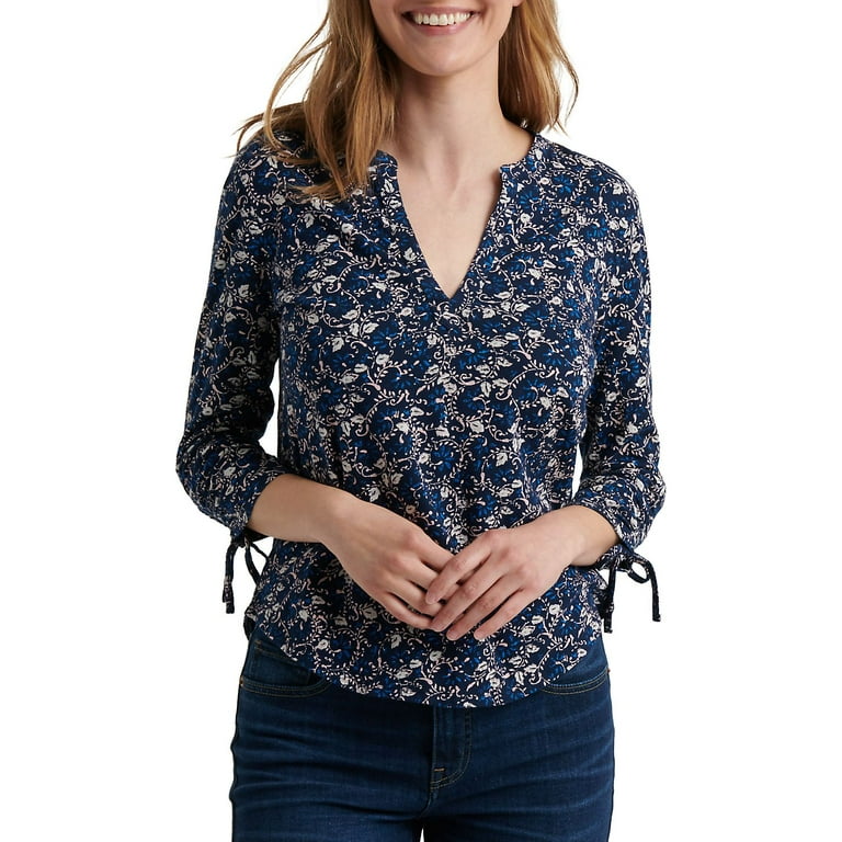 Lucky Brand Womens Printed Ruched Top Navy XS 