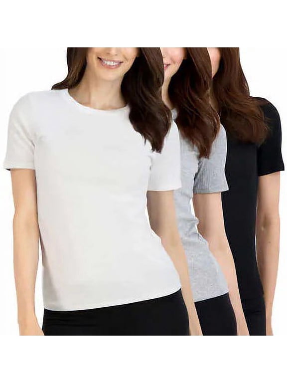 Womens Ribbed Crew, 3-pack (Black/Grey/White, XL)