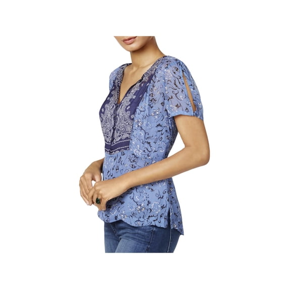 Lucky Brand Womens Sheer Floral Print Pullover Top Blue XS