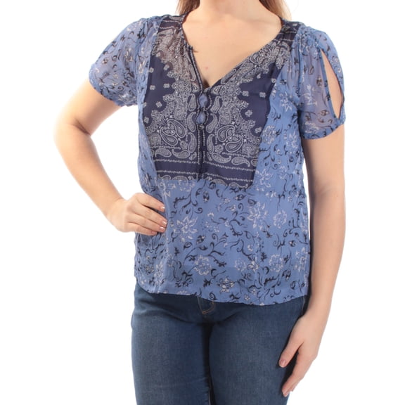 LUCKY BRAND $80 Womens New 1522 Navy Floral Cut Out Short Sleeve Top XS B+B