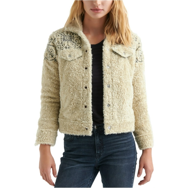 Lucky Brand Womens Sherpa Jean Fleece Jacket Beige X Small