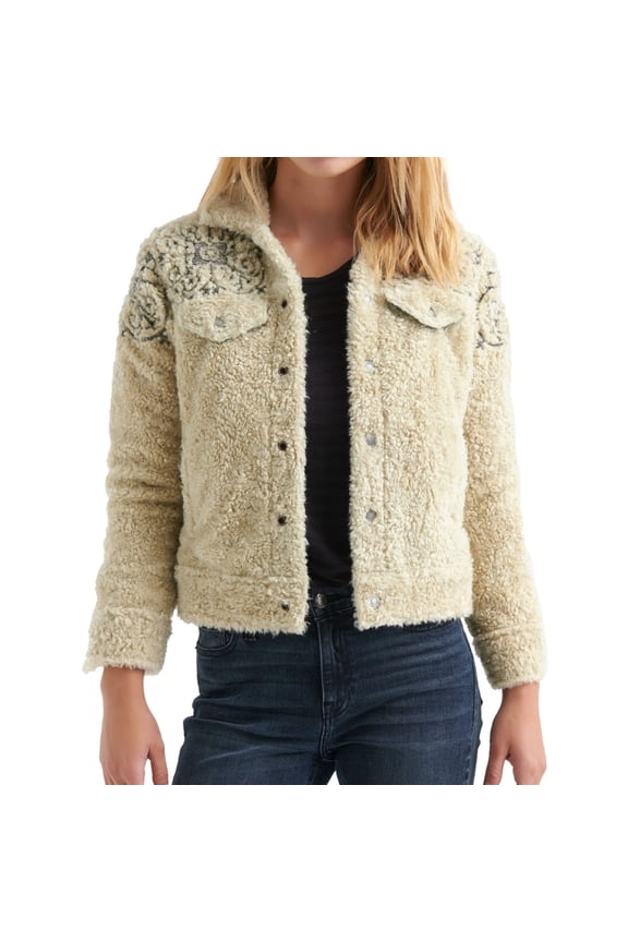 Womens Sherpa Jean Fleece Jacket, Beige, X-Small