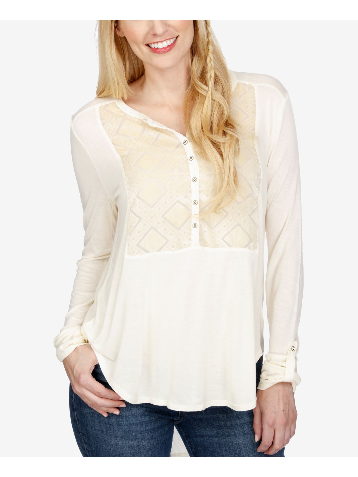 Lucky Brand Womens Velvet Burnout Henley Shirt, Off-White, Medium