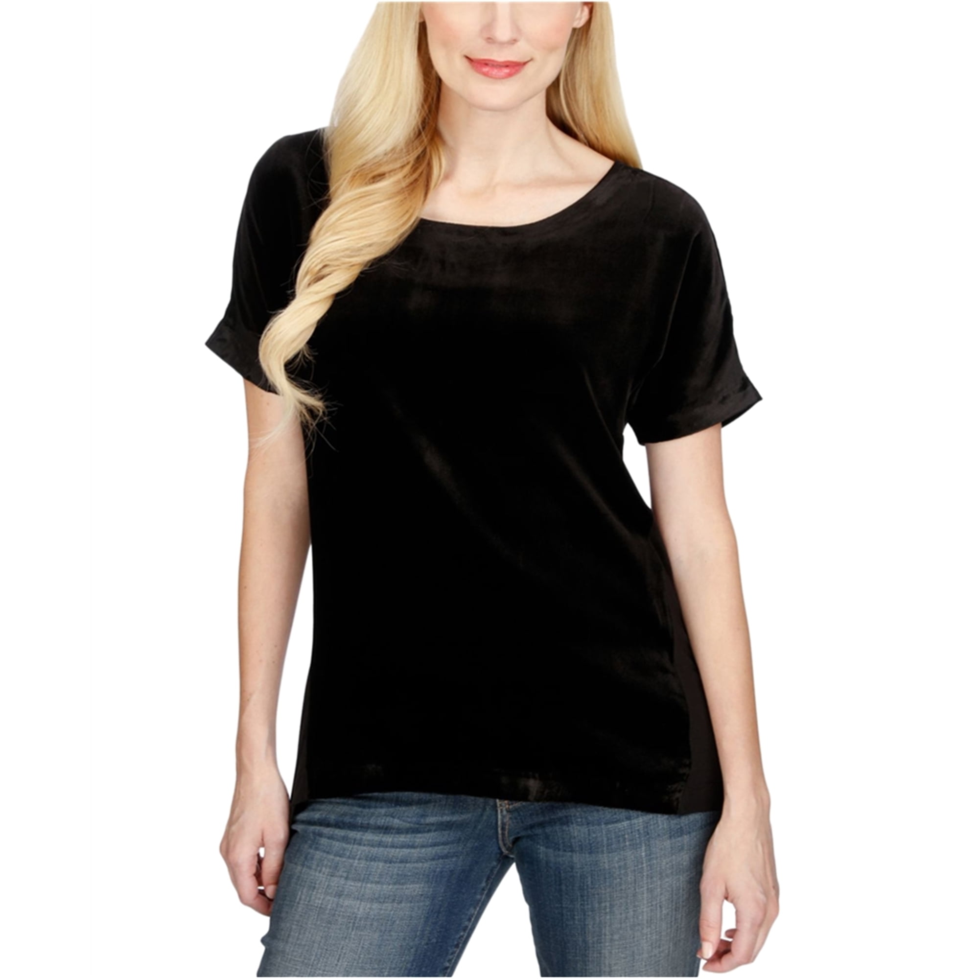 Lucky Brand Womens Velvet Contrast Embellished T-Shirt, Black, Medium 