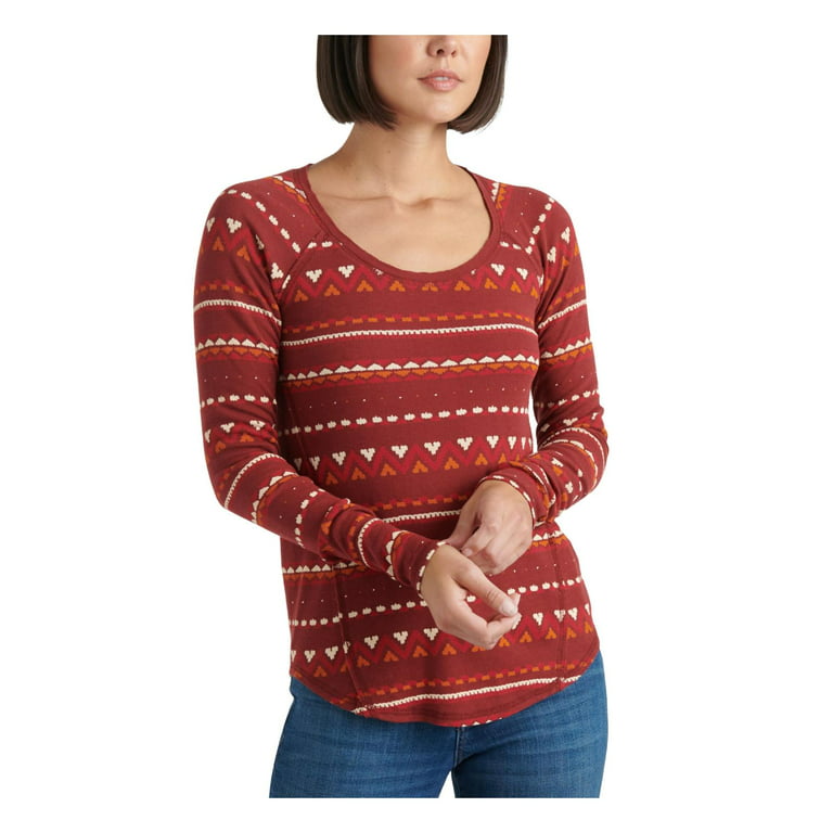 Lucky Brand Womens Waffle Printed Thermal Top Red XL