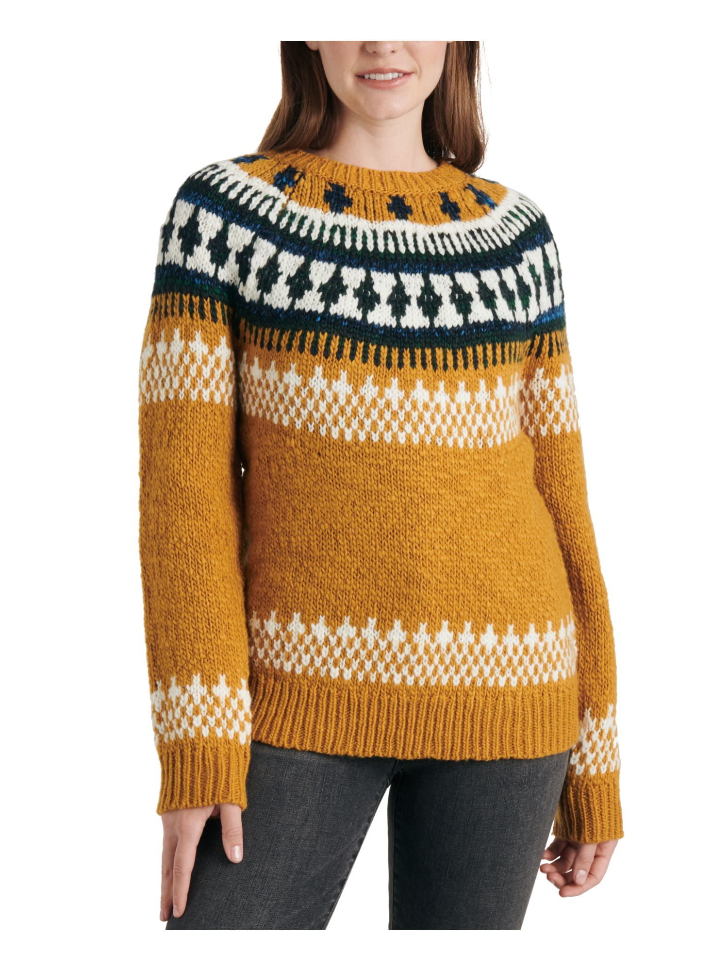 Lucky Brand Womens Wool Blend Fair Isle Crewneck Sweater Yellow XS Walmart