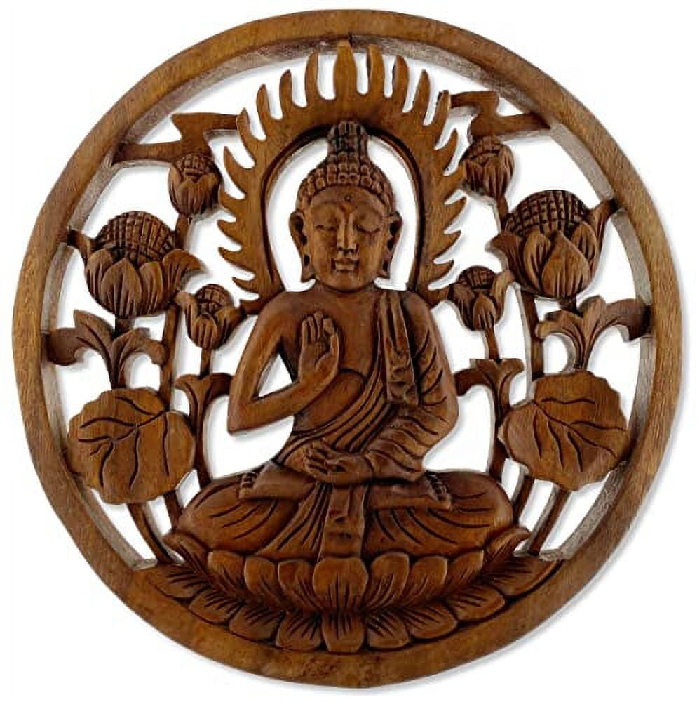 Lucky Buddha Wood Wall Sculpture -Hanging Hand Crafted Home Décor Bali Art 12"